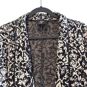 Libra Black White Damask Floral Print Open Front Collarless Blazer Jacket Women